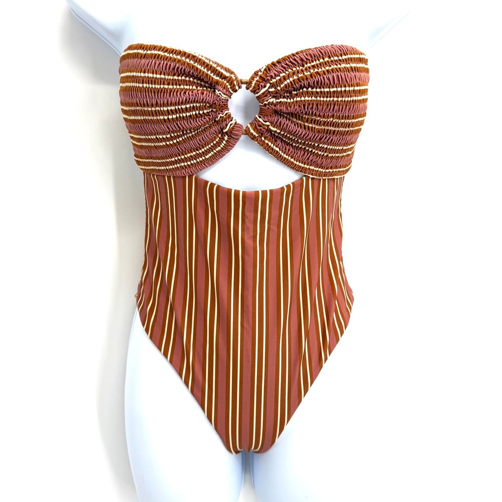Free People ROVE India One Piece Swimsuit Size XS Smocked Cutout Brown Striped